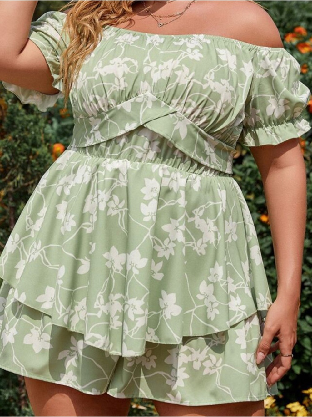 Green Floral Off-Shoulder Tiered Romper